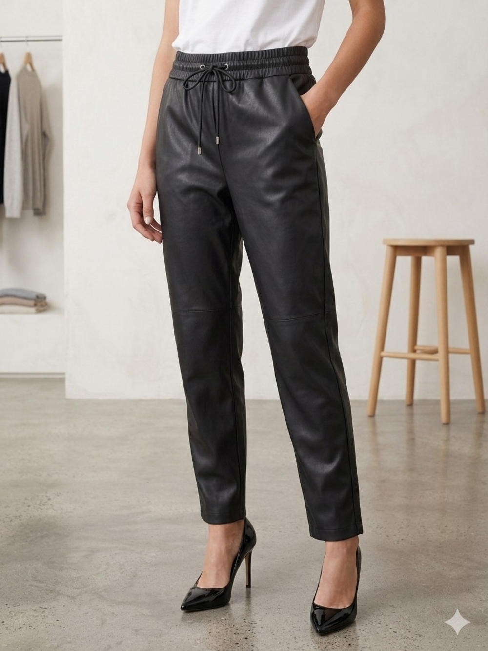 LOFT Black Faux Leather Drawstring Pants Women Medium